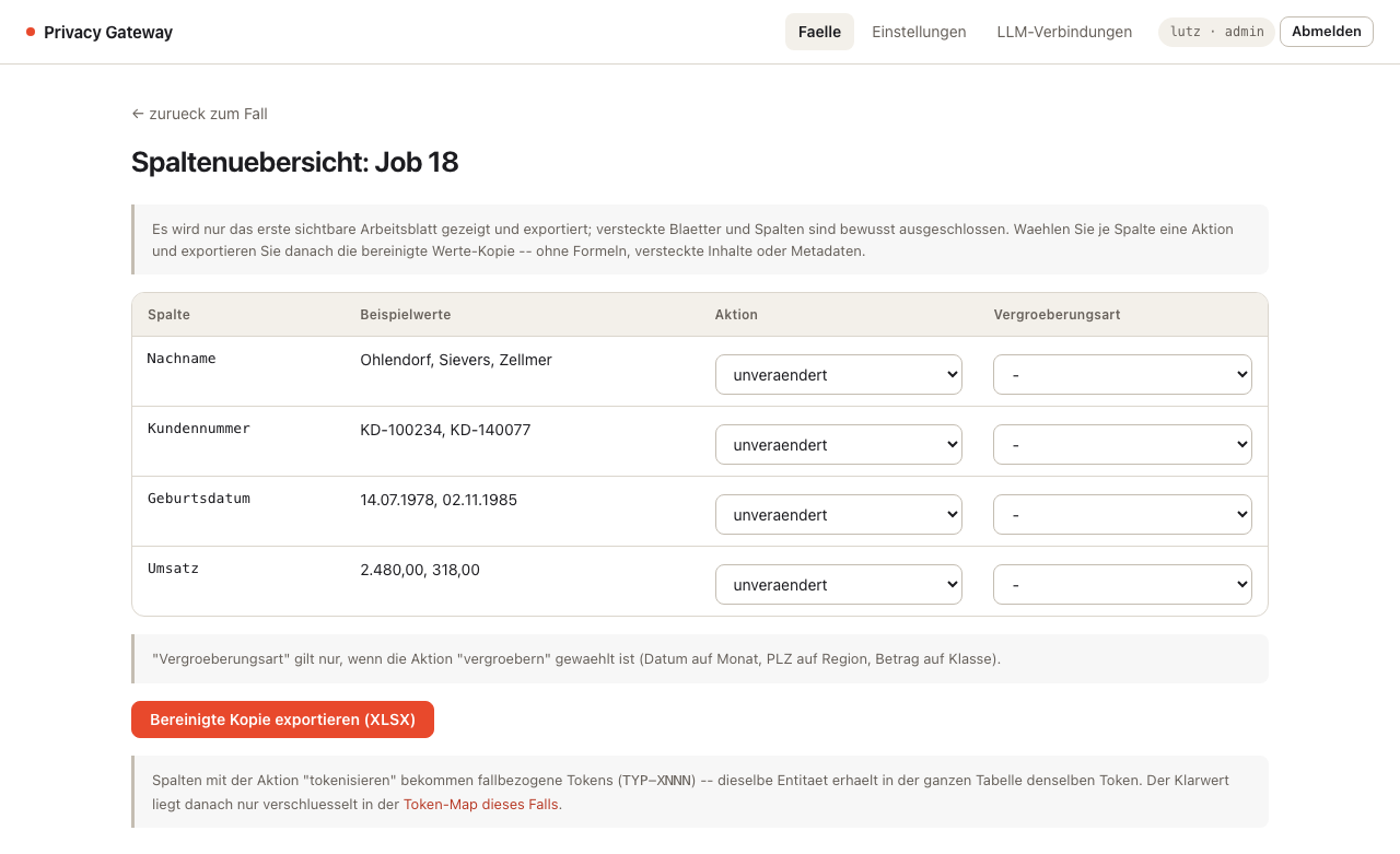 Spaltenübersicht mit Beispielwerten und wählbarer Aktion je Spalte